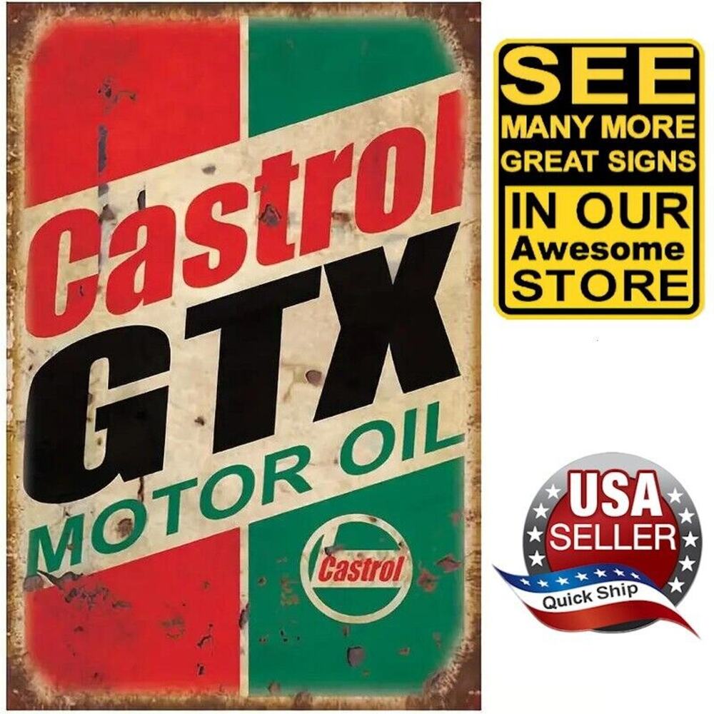 Retro Tin Sign • Petroliana • Castrol GTX Motor Oil •Green • White • Black • Red